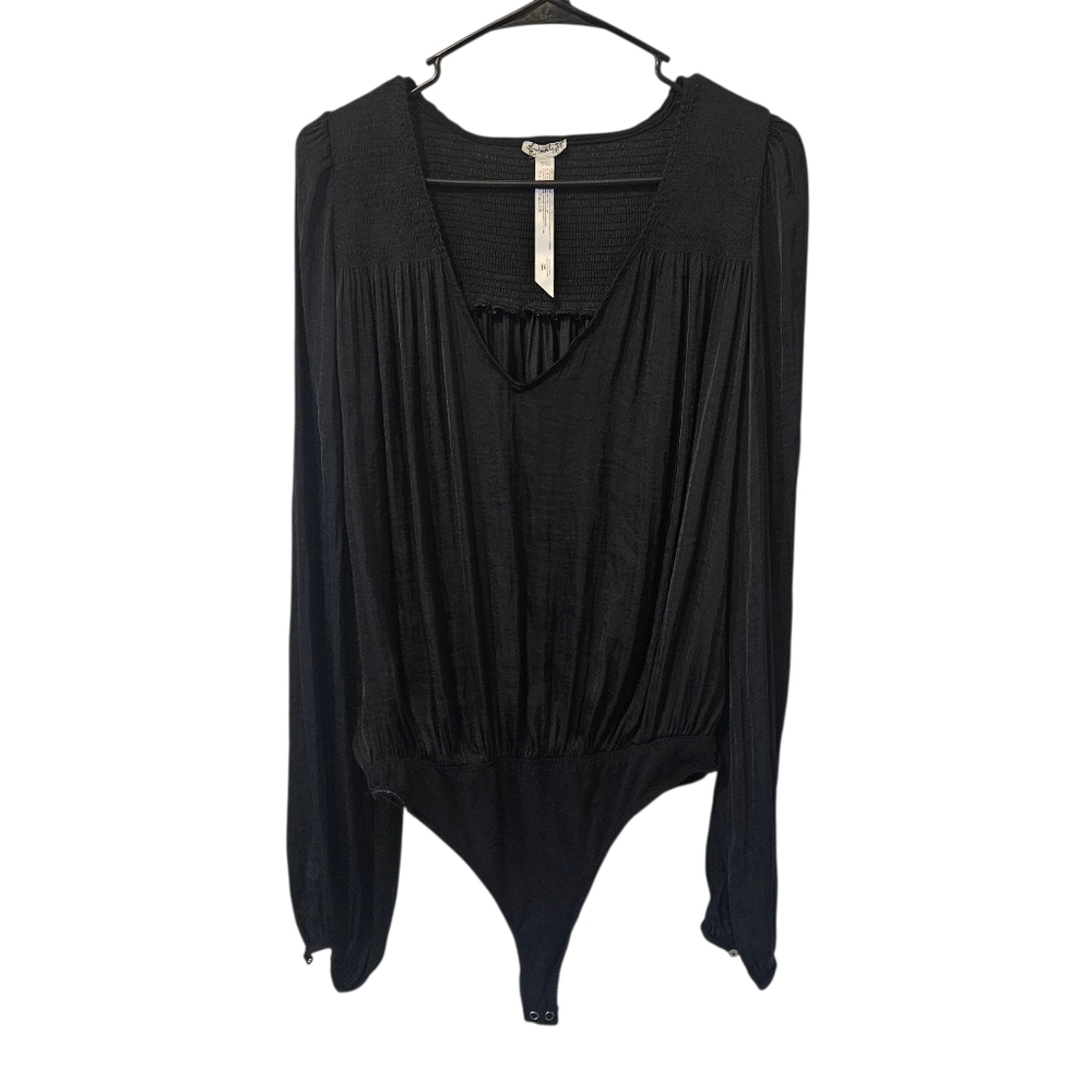Free People Bodysuit Black Satin Smockin’N Rock in’ V Neck Long Sleeve Size M